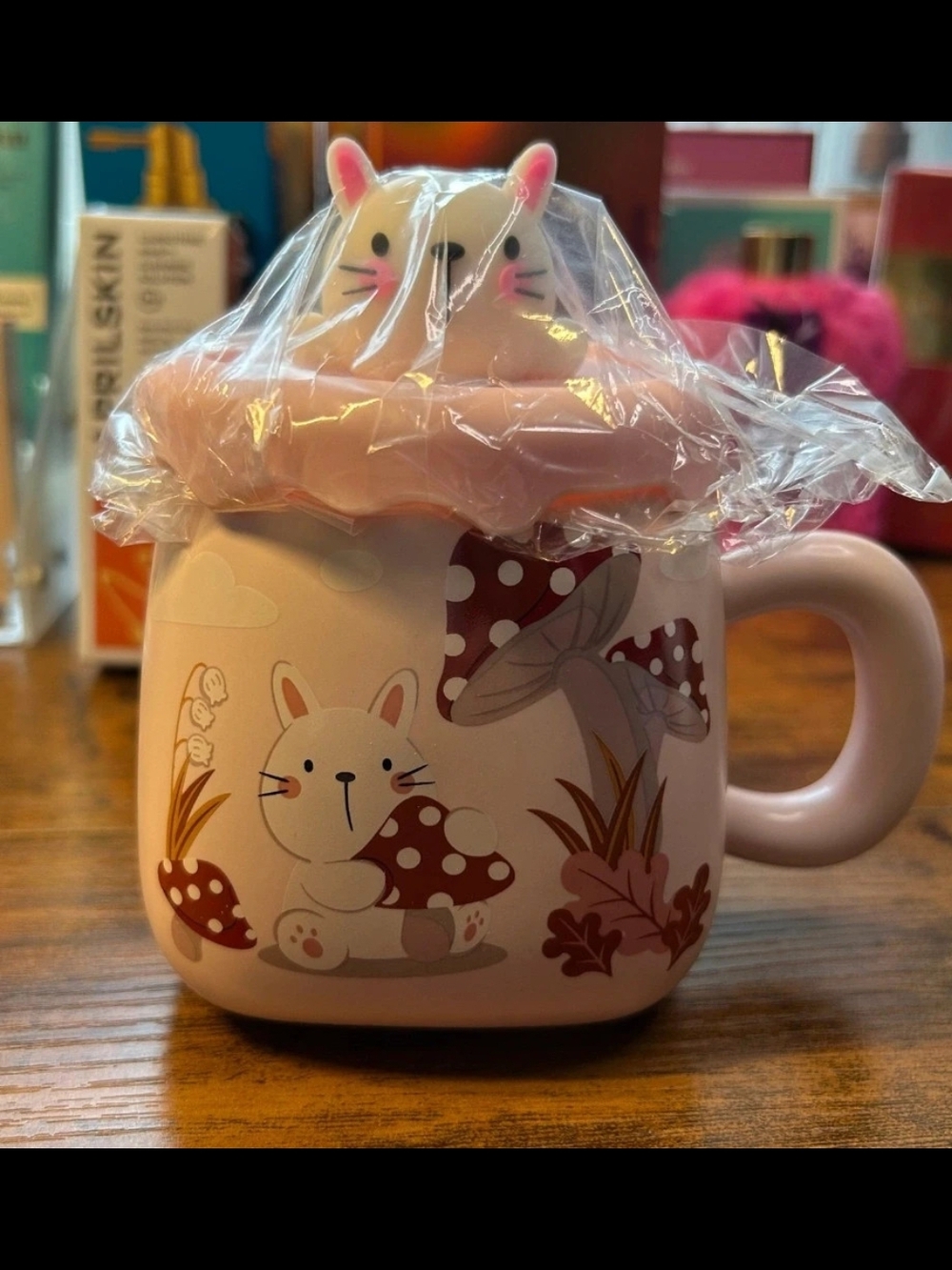 Cute Pink Bunny Mushroom Ceramic Mug with Silicone Lid